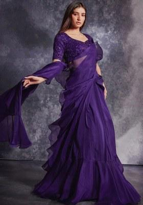 Purple Organza Embroidered Handwork Pre Draped Saree Set