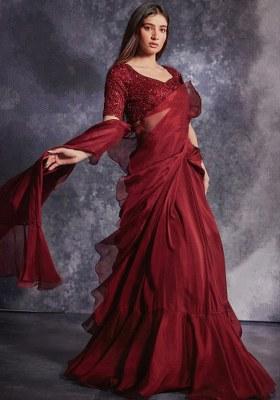 Red Organza Embroidered Handwork Pre Draped Saree Set