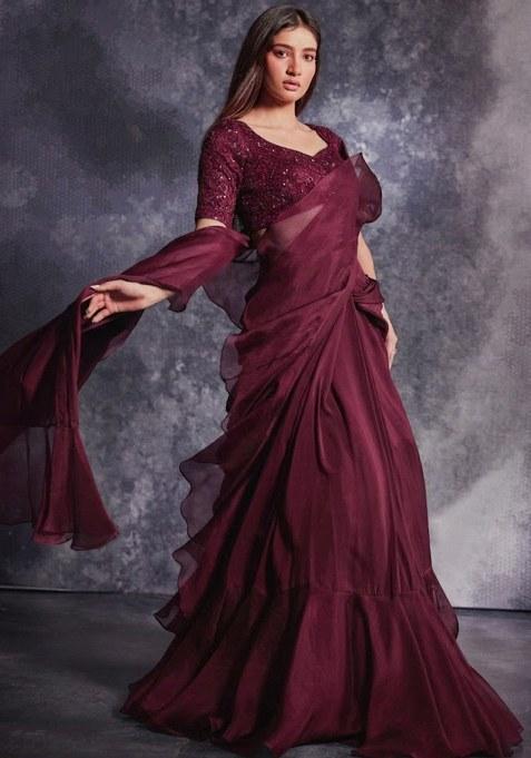 Wine Organza Embroidered Handwork Pre Draped Saree Set