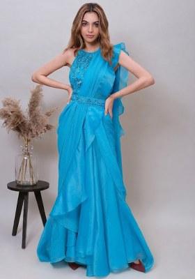 Sky Blue Organza Embroidered Handwork Pre Draped Saree Set
