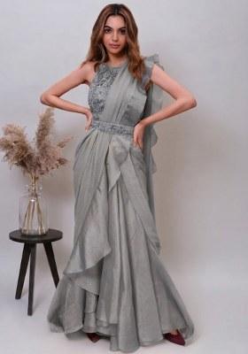 Grey Organza Embroidered Handwork Pre Draped Saree Set