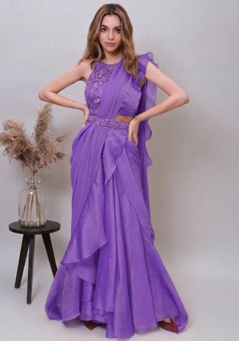 Lavender Organza Embroidered Handwork Pre Draped Saree Set