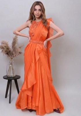 Orange Organza Embroidered Handwork Pre Draped Saree Set