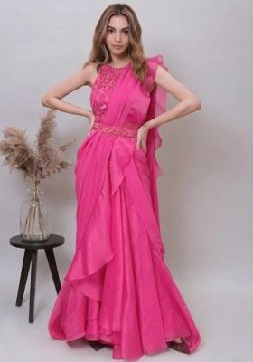 Pink Organza Embroidered Handwork Pre Draped Saree Set