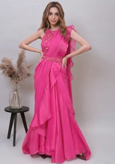 Pink Organza Embroidered Handwork Pre Draped Saree Set