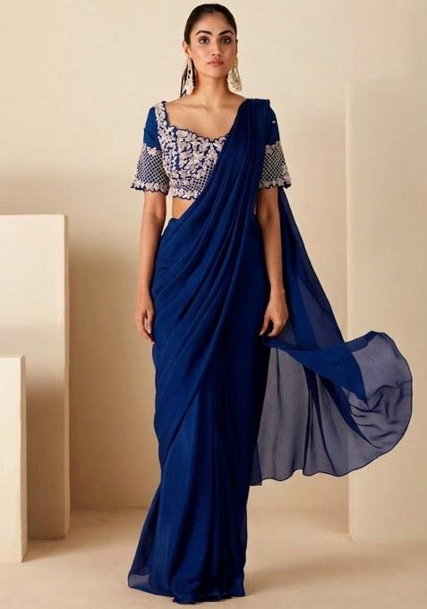 Navy Blue Chinon Embroidered Handwork Pre Draped Saree Set