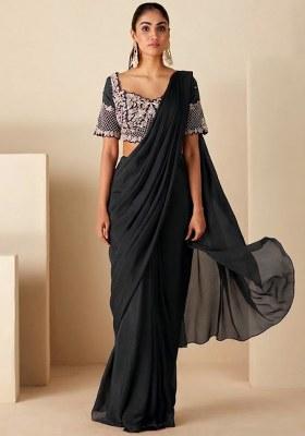 Grey Chinon Embroidered Handwork Pre Draped Saree Set