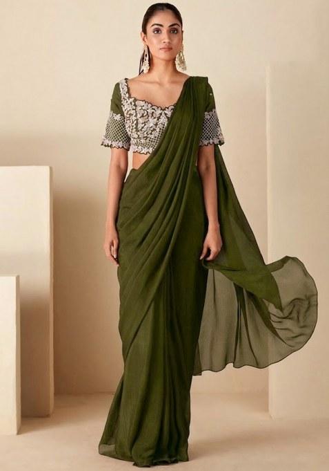 Olive Chinon Embroidered Handwork Pre Draped Saree Set