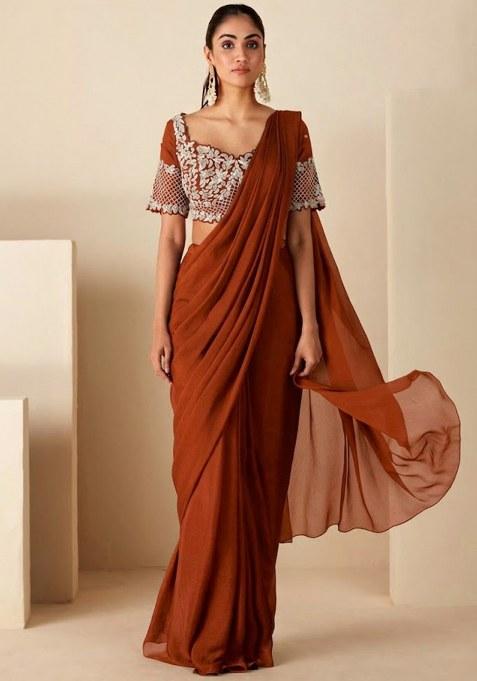 Orange Chinon Embroidered Handwork Pre Draped Saree Set