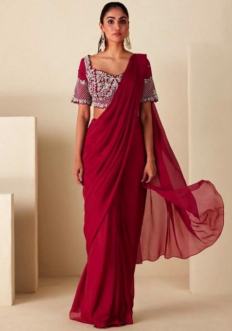 Red Chinon Embroidered Handwork Pre Draped Saree Set