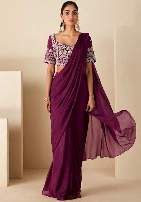 Wine Chinon Embroidered Handwork Pre Draped Saree Set