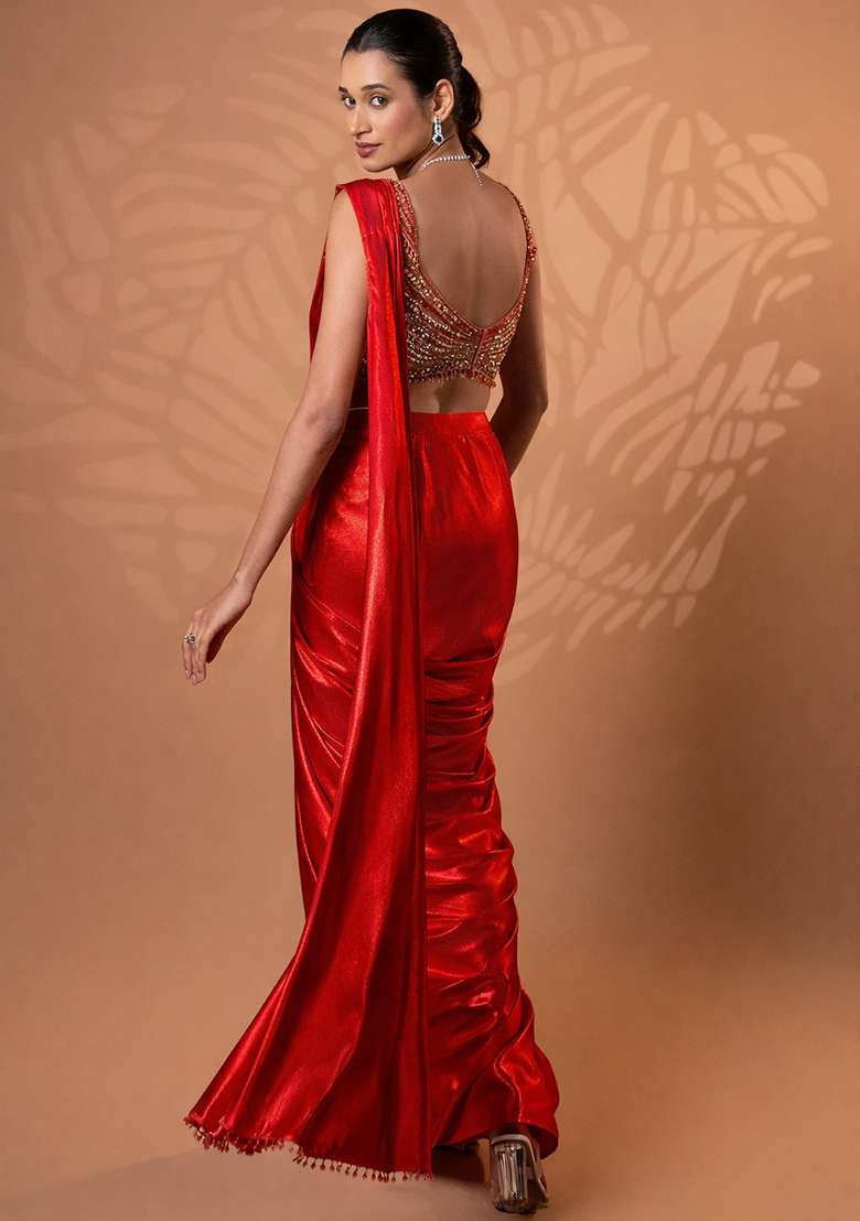 Red Satin Embellished Handwork Pre Draped Saree Set - Indya