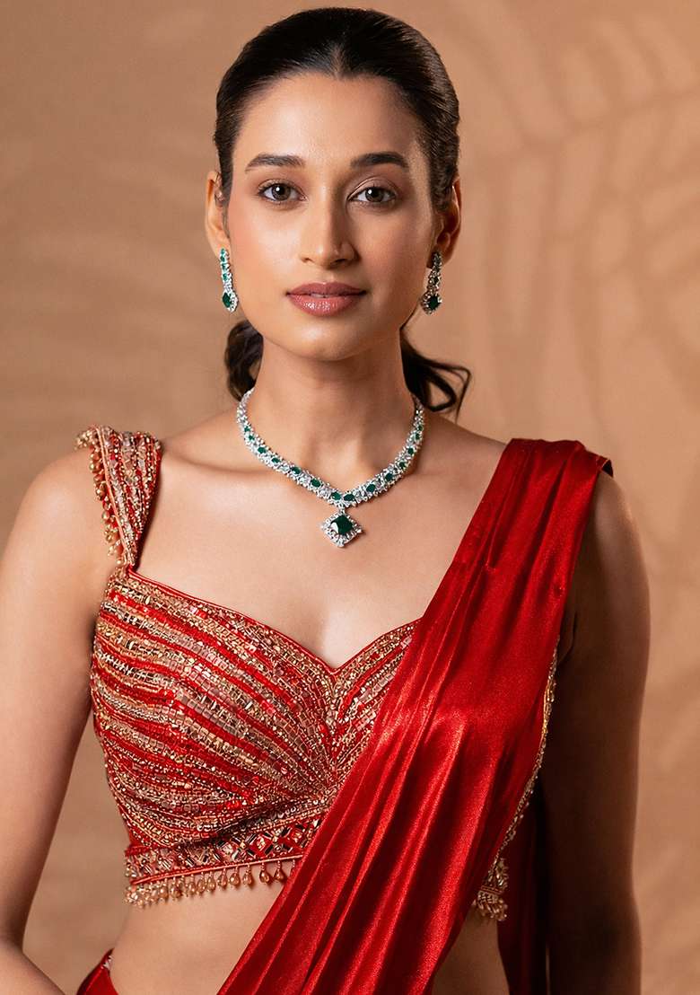 Red Satin Embellished Handwork Pre Draped Saree Set - Indya