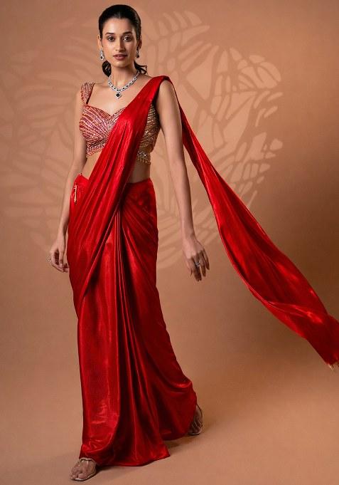 Red Satin Embellished Handwork Pre Draped Saree Set