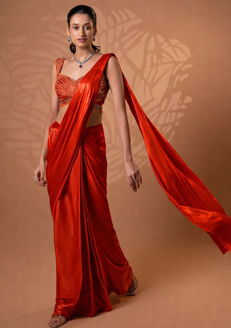 Red Satin Embellished Handwork Pre Draped Saree Set - Indya