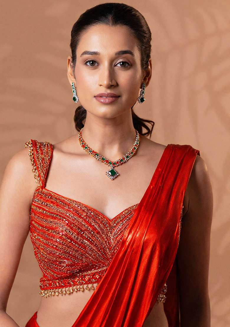 Red Satin Embellished Handwork Pre Draped Saree Set - Indya