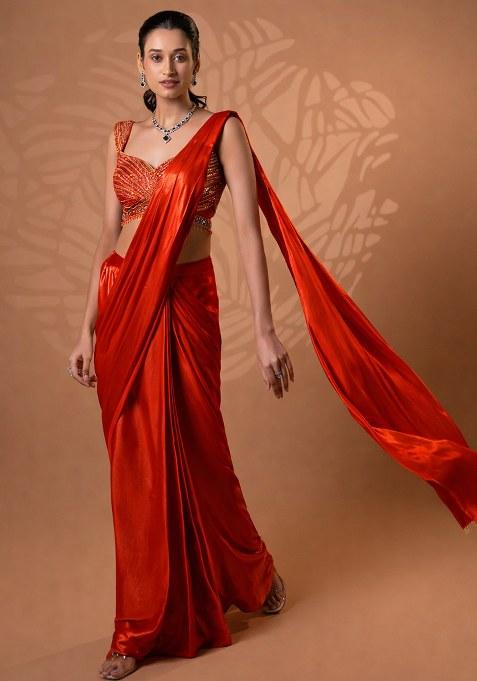Red Satin Embellished Handwork Pre Draped Saree Set