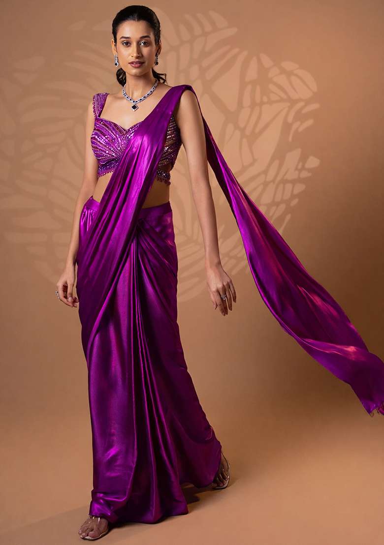Shiny Purple Satin Embellished Handwork Pre Draped Saree Set - Indya