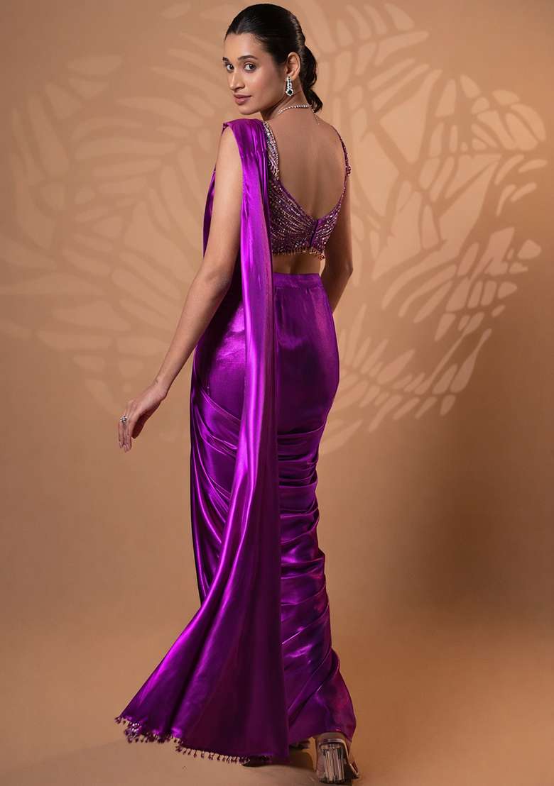 Shiny Purple Satin Embellished Handwork Pre Draped Saree Set - Indya