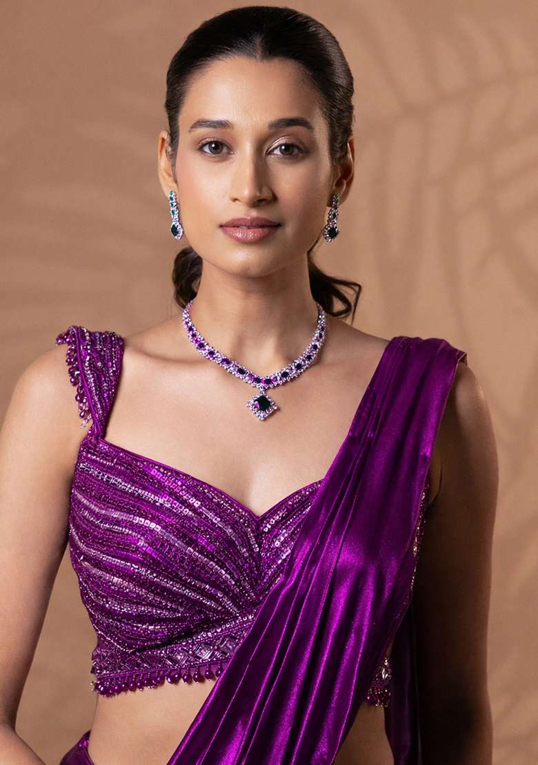 Shiny Purple Satin Embellished Handwork Pre Draped Saree Set - Indya