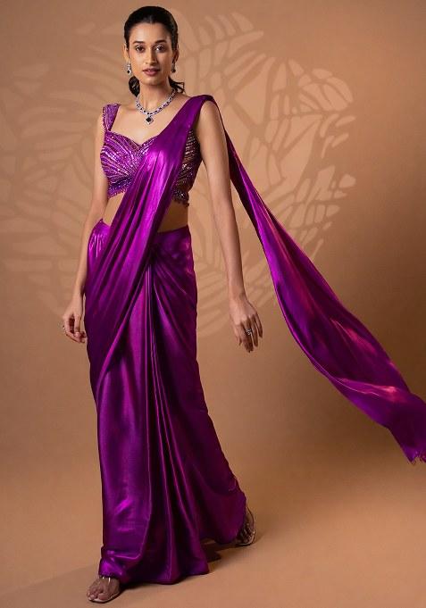 Shiny Purple Satin Embellished Handwork Pre Draped Saree Set