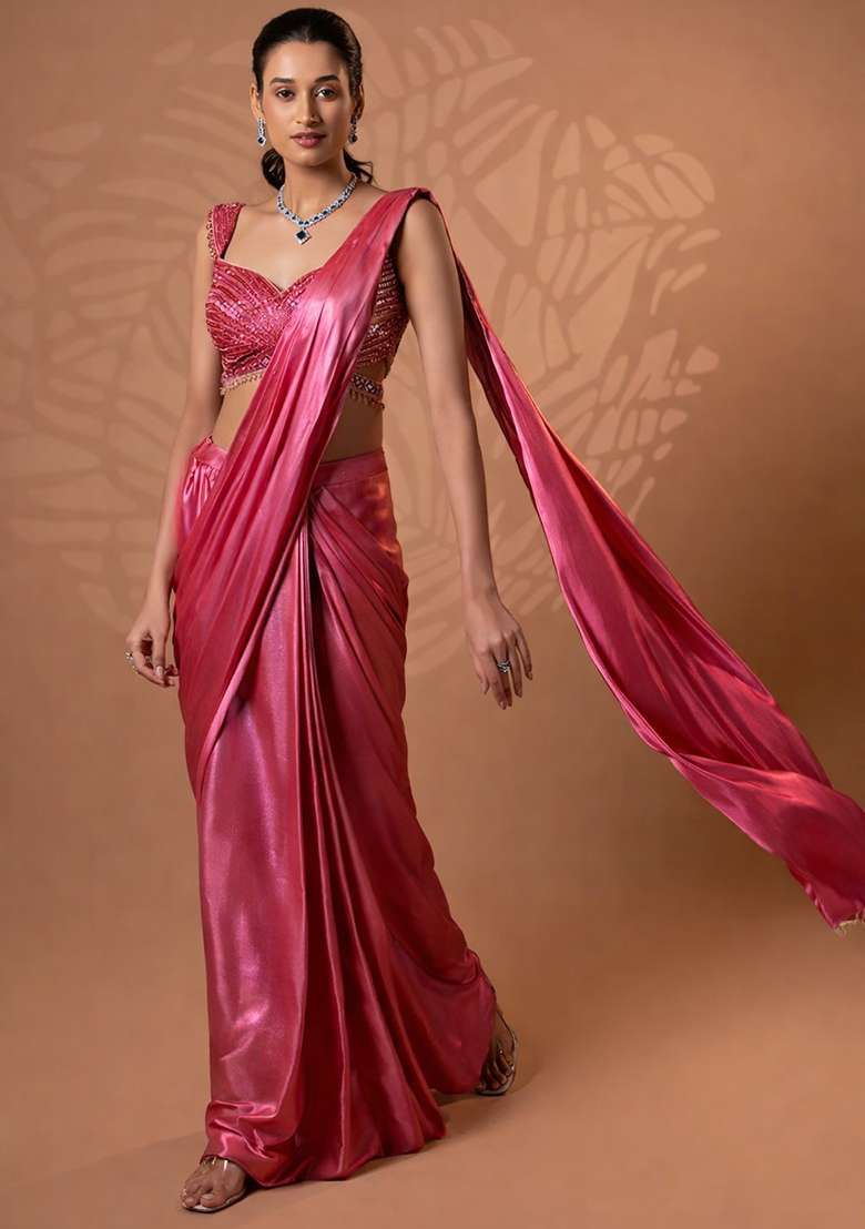 Coral Pink Satin Embellished Handwork Pre Draped Saree Set - Indya