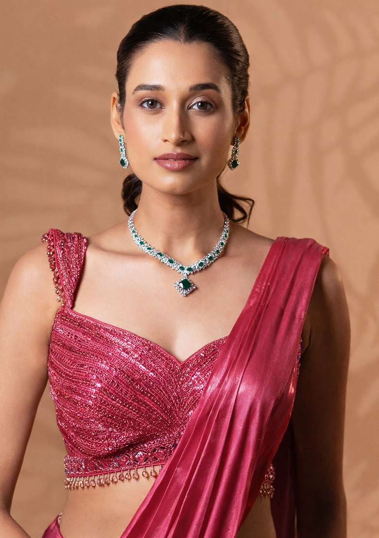 Coral Pink Satin Embellished Handwork Pre Draped Saree Set - Indya