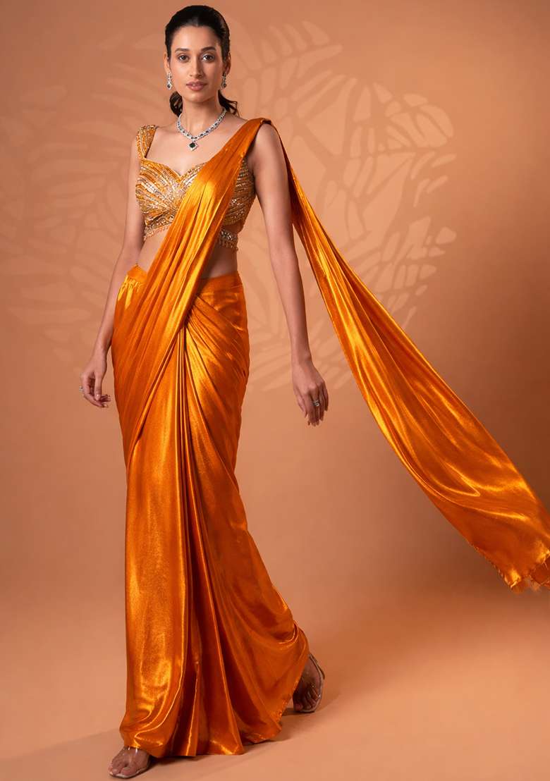 Pumpkin Orange Satin Embellished Handwork Pre Draped Saree Set - Indya
