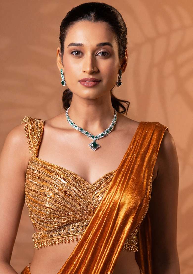 Pumpkin Orange Satin Embellished Handwork Pre Draped Saree Set - Indya