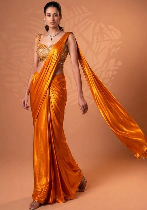 Pumpkin Orange Satin Embellished Handwork Pre Draped Saree Set
