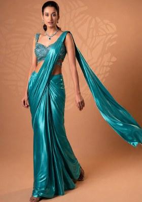 Muted Turquoise Satin Embellished Handwork Pre Draped Saree Set