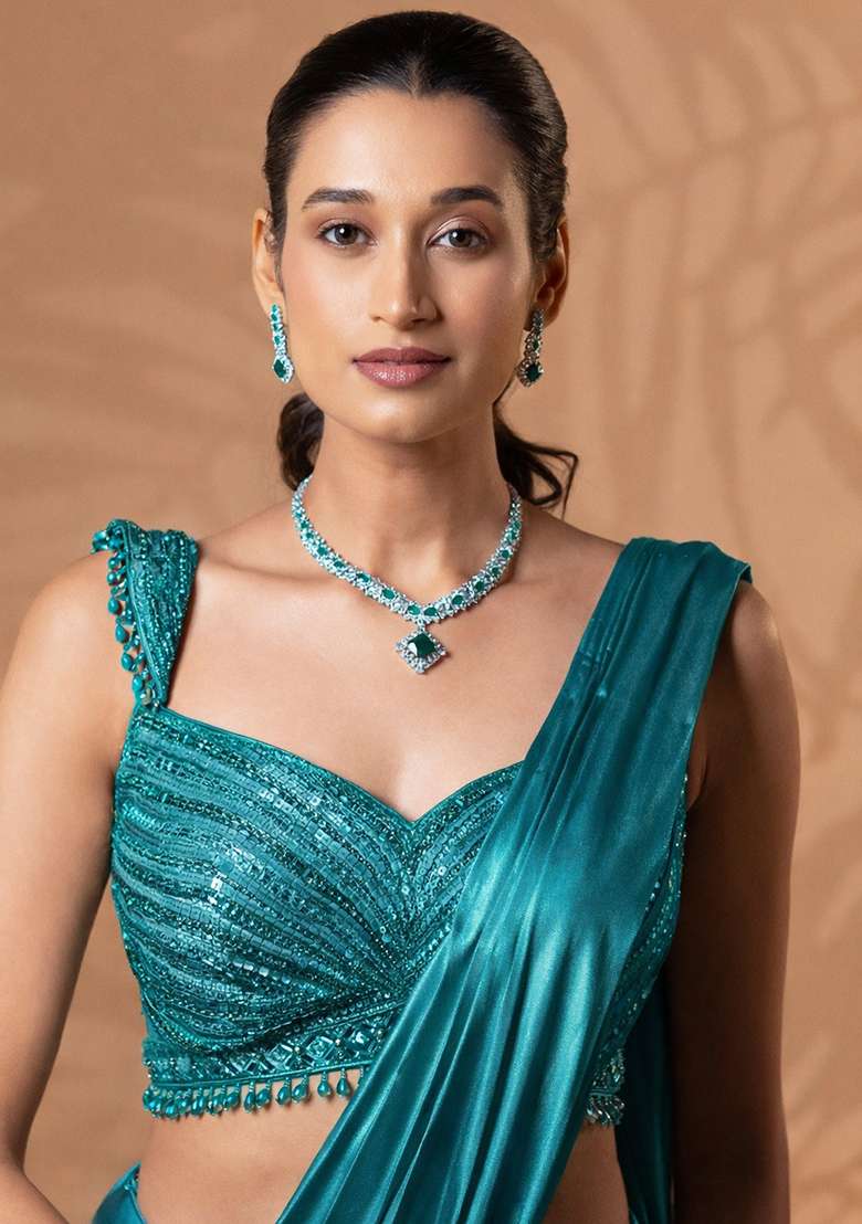 Muted Turquoise Satin Embellished Handwork Pre Draped Saree Set - Indya