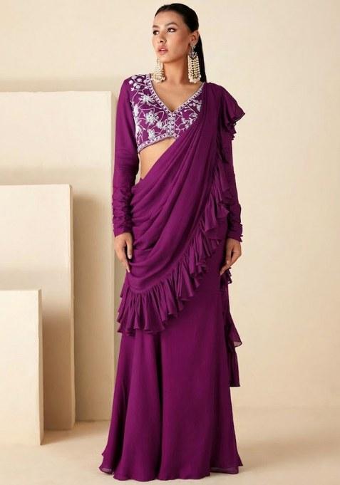 Purple Georgette Embroidered Handwork Pre Draped Saree Set