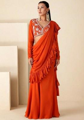 Orange Georgette Embroidered Handwork Pre Draped Saree Set