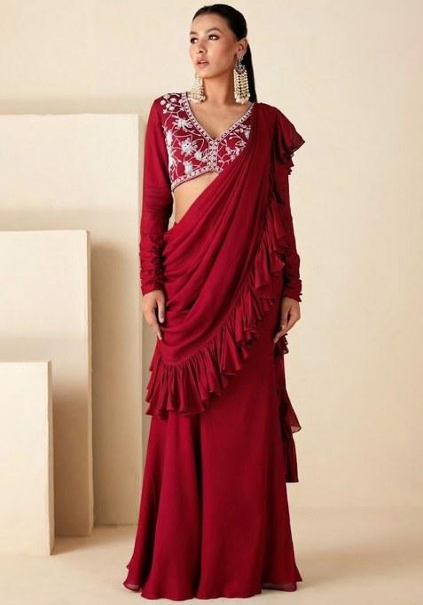 Red Georgette Embroidered Handwork Pre Draped Saree Set