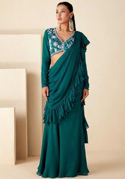 Teal Georgette Embroidered Handwork Pre Draped Saree Set