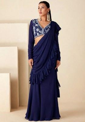 Violet Georgette Embroidered Handwork Pre Draped Saree Set