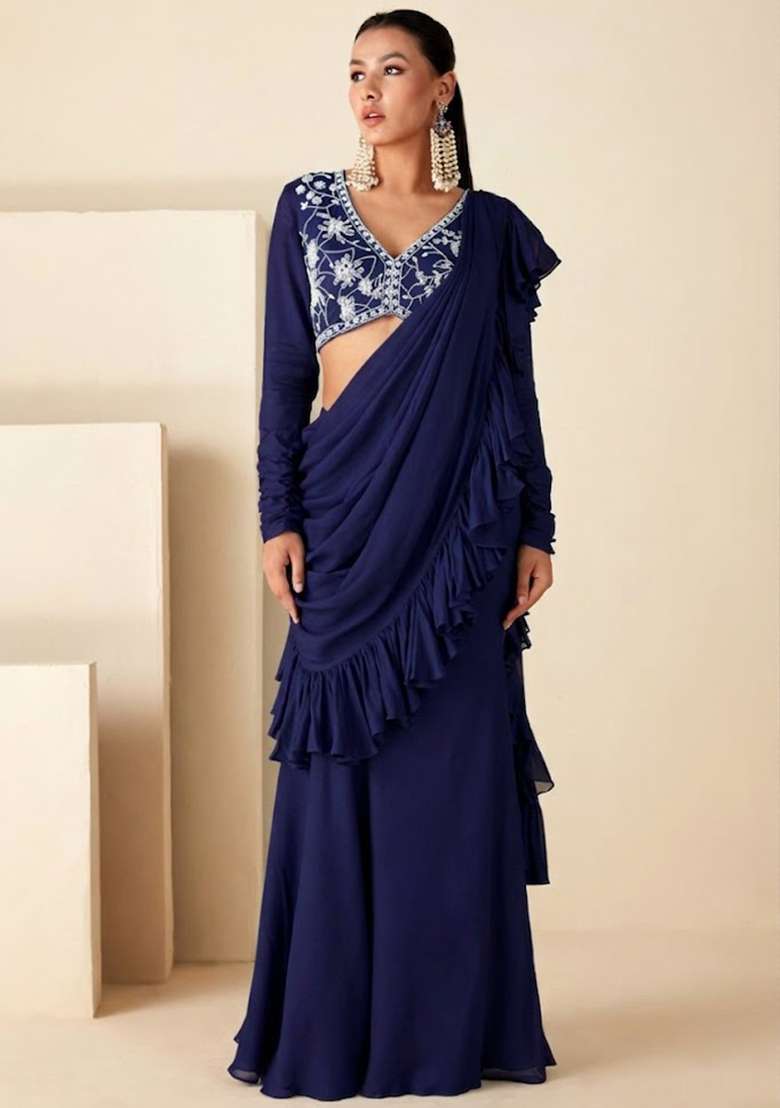 Violet Georgette Embroidered Handwork Pre Draped Saree Set - Indya