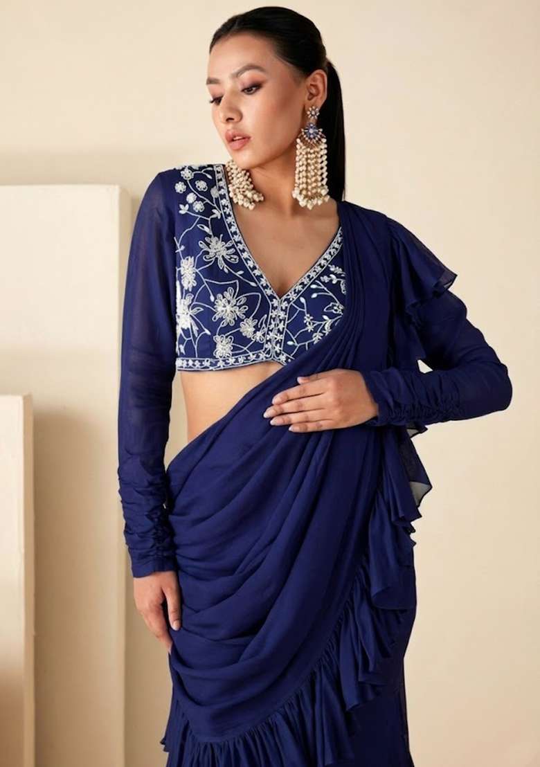 Violet Georgette Embroidered Handwork Pre Draped Saree Set - Indya