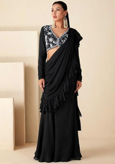 Black Georgette Embroidered Handwork Pre Draped Saree Set
