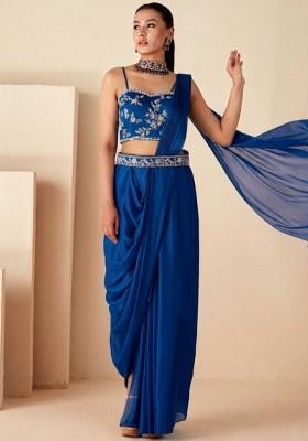 Royal Blue Chinon Embroidered Handwork Fusion Set