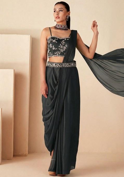 Grey Chinon Embroidered Handwork Fusion Set