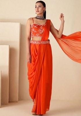 Orange Chinon Embroidered Handwork Fusion Set