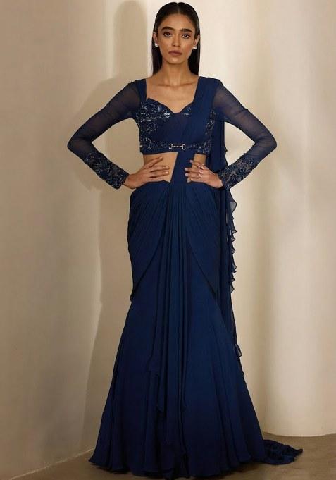 Navy Blue Georgette Embellished Handwork Pre Draped Saree Set