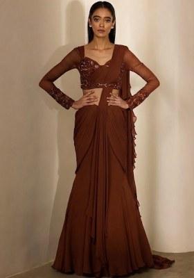 Brown Georgette Embellished Handwork Pre Draped Saree Set
