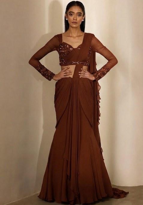 Brown Georgette Embellished Handwork Pre Draped Saree Set