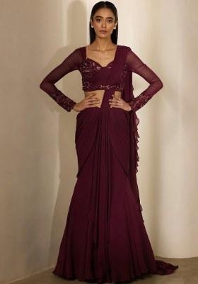 Mauve Georgette Embellished Handwork Pre Draped Saree Set