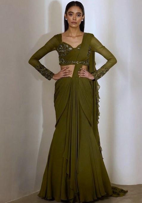 Olive Georgette Embellished Handwork Pre Draped Saree Set
