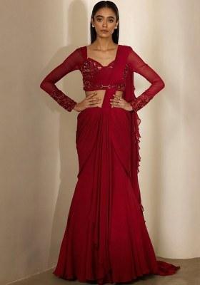 Red Georgette Embellished Handwork Pre Draped Saree Set