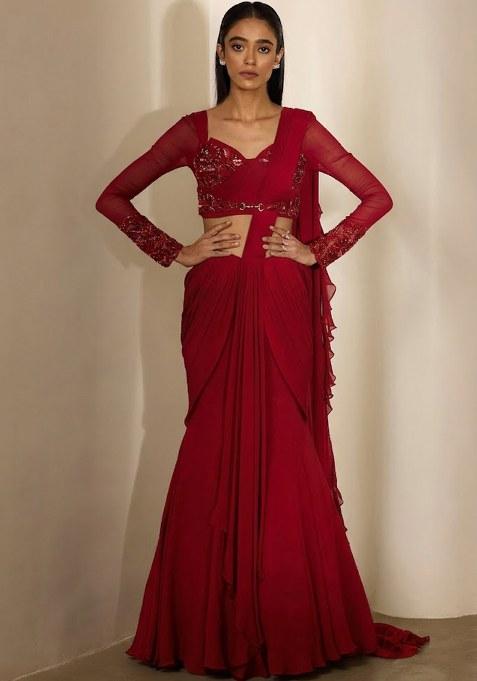 Red Georgette Embellished Handwork Pre Draped Saree Set